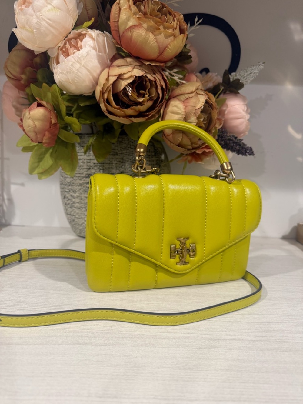Tory Burch Neon Yellow Quilted Leather Mini Kira Top-Handle Crossbody